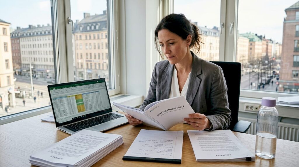 En complianceansvarig granskar juridiska dokument för att säkerställa att allt följer gällande regler och riktlinjer.