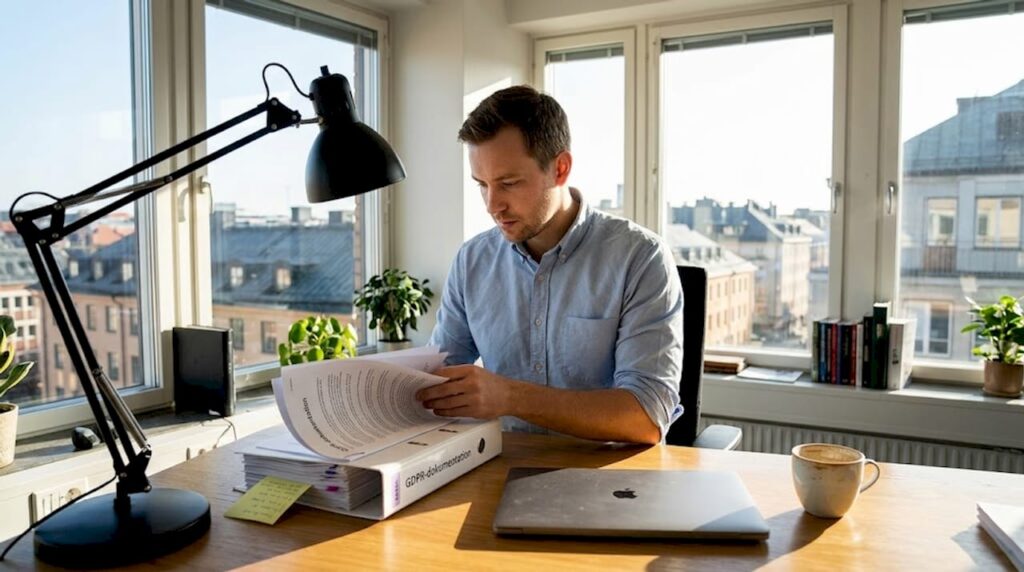 En kontorsanställd sitter vid sitt skrivbord och går igenom GDPR-papper.