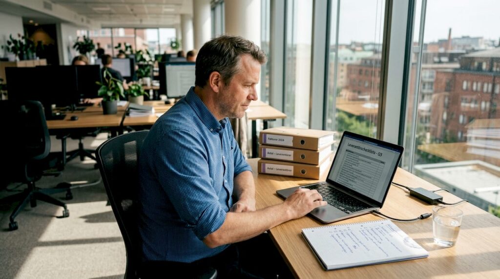 Leverantörsbedömningen sker oftast på kontoret, där man använder sin laptop för att gå igenom underlaget.