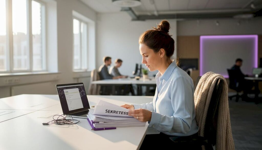En kvinna går igenom dokument om dataskydd på sitt kontor