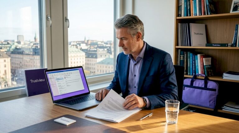 En företagschef går igenom GDPR-relaterade dokument på sitt kontor.
