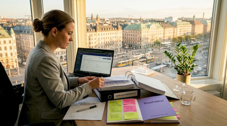 En konsult står vid fönstret och går igenom GDPR-dokument.