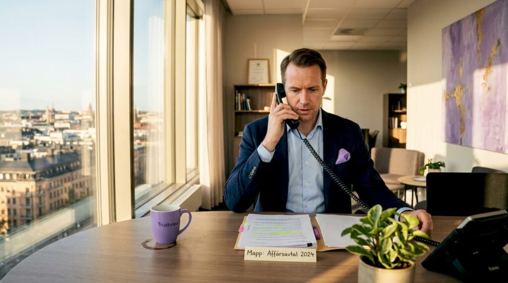 En jurist går igenom och diskuterar ett ärende tillsammans med kollegor på kontoret.