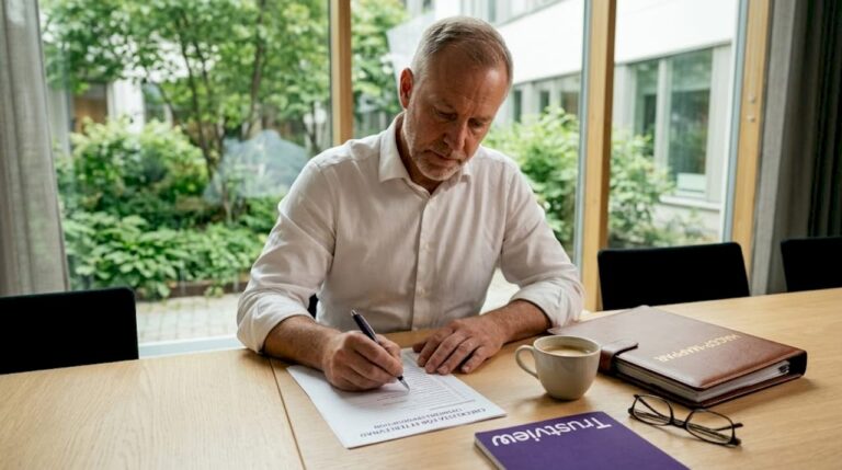 Chef går igenom checklistan för regelefterlevnad under ett möte