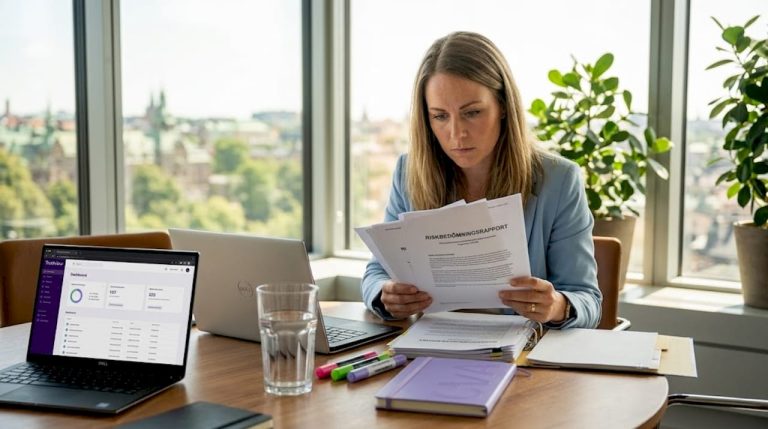 Complianceansvarig granskar rapporter om företagskontroller
