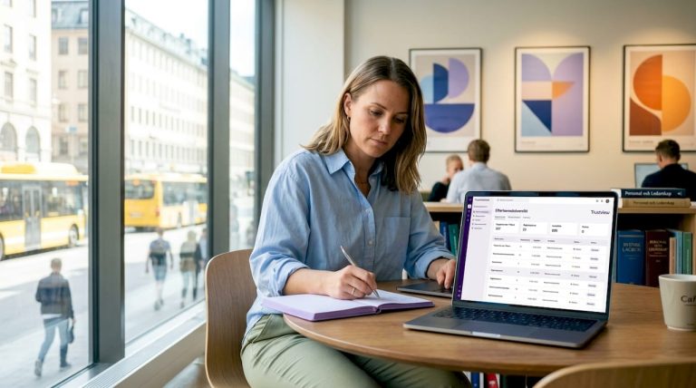 Affärskvinnan går igenom företagets regelefterlevnad på sin digitala översikt vid skrivbordet.