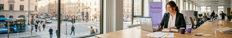 En kvinna sitter vid konferensbordet och går noggrant igenom avtalet om personuppgiftsbiträde.