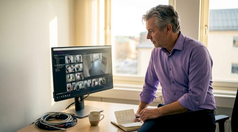 IT-ansvarig går igenom övervakningsbilder på kontoret