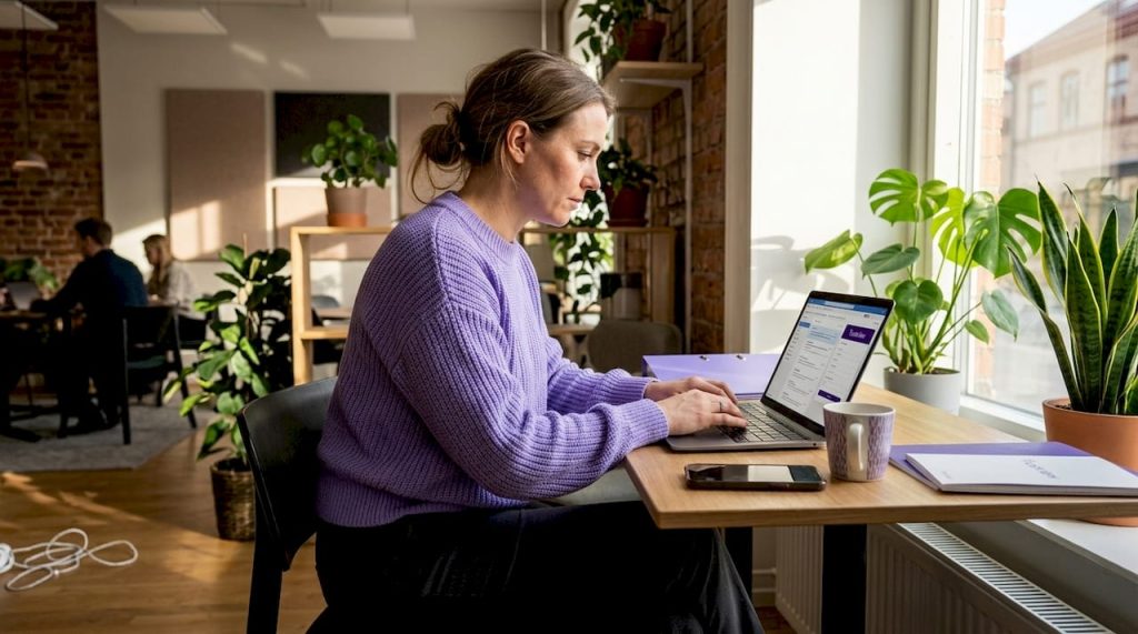 En professionell författare sitter och utformar en GDPR-begäran vid skrivbordet i ett soligt kontor.
