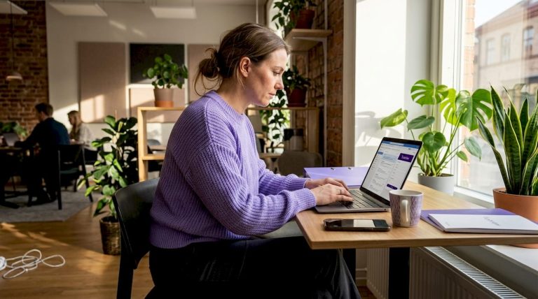 En professionell författare sitter och utformar en GDPR-begäran vid skrivbordet i ett soligt kontor.