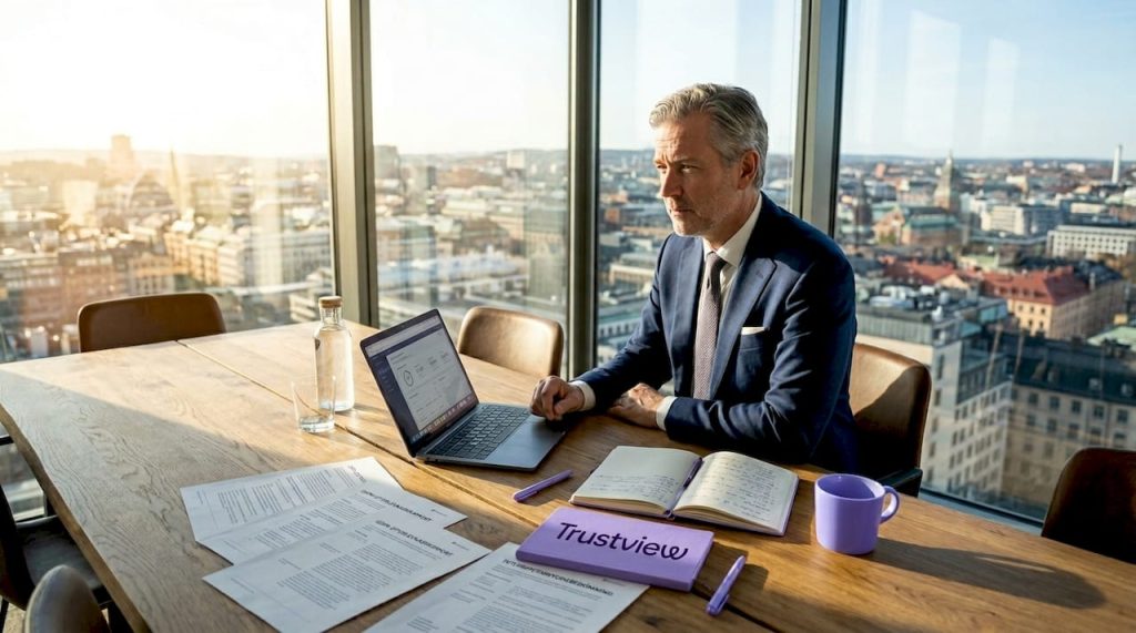 Affärsman går igenom GDPR-dokument på kontoret