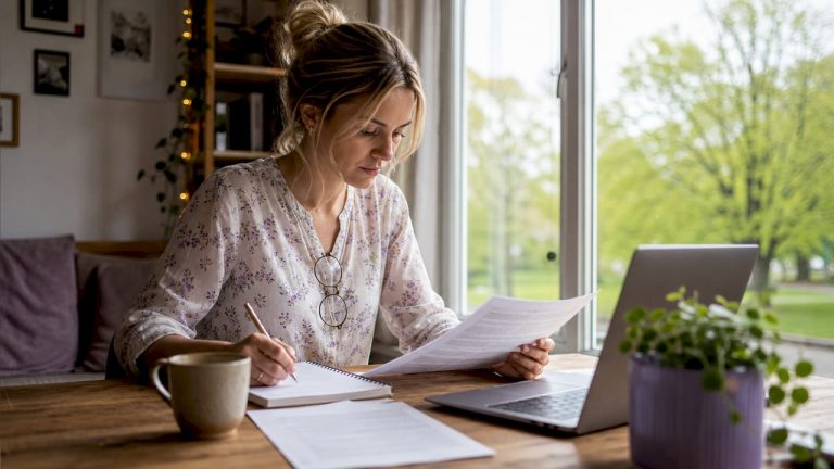 En HR-specialist går igenom GDPR-dokument vid sitt skrivbord.