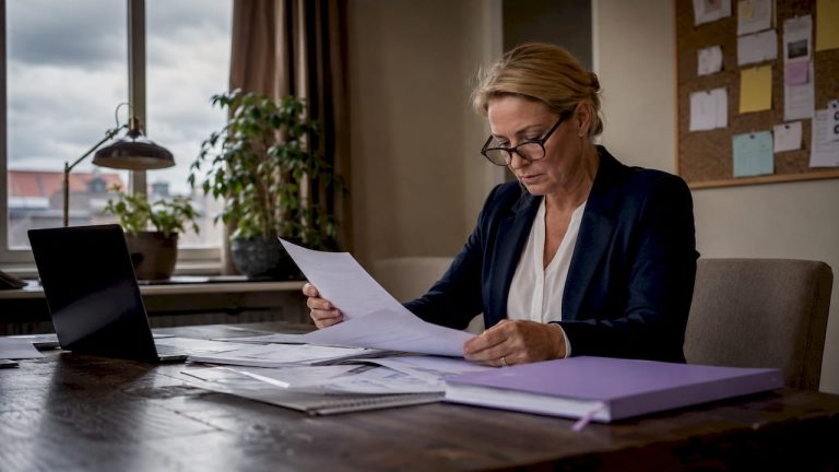 En complianceansvarig går noggrant igenom revisionsdokument vid sitt skrivbord.