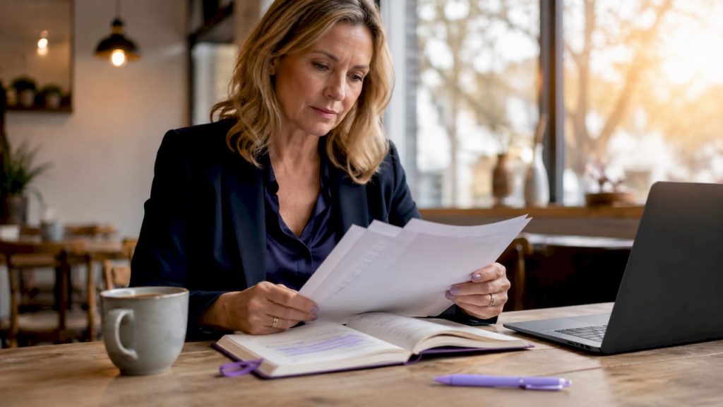En kvinna sitter på sitt kontor och går igenom GDPR-relaterade dokument.