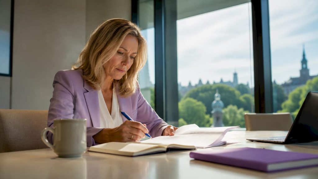 Kvinna som sitter vid sitt skrivbord och går igenom fördelningen av arbetsuppgifter