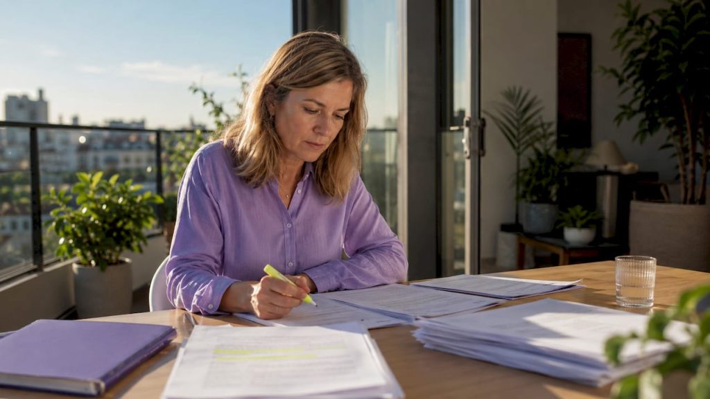 En complianceansvarig sitter vid sitt skrivbord och granskar dokument noggrant.