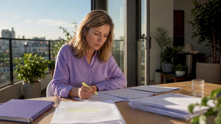 En complianceansvarig sitter vid sitt skrivbord och granskar dokument noggrant.