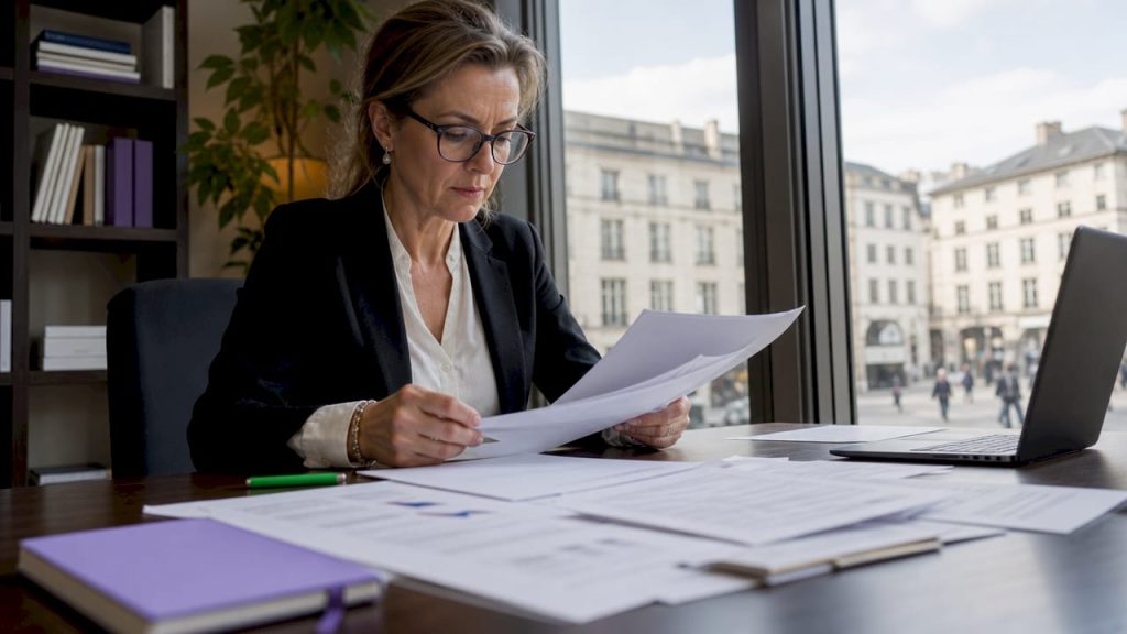 Yrkesverksam kvinna granskar dokument kring AI-efterlevnad