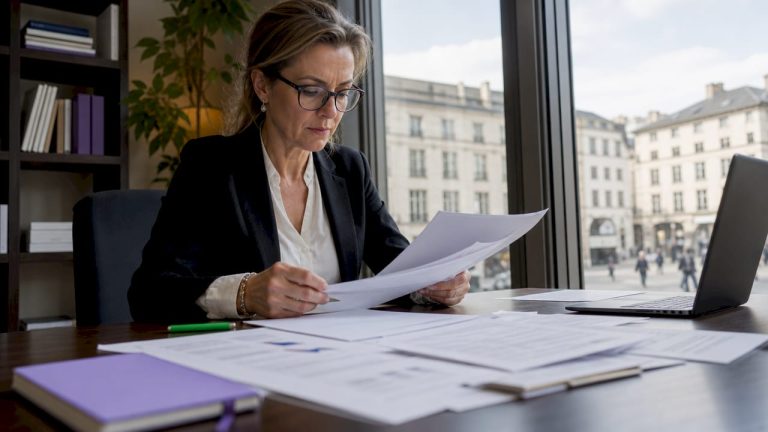 Yrkesverksam kvinna granskar dokument kring AI-efterlevnad