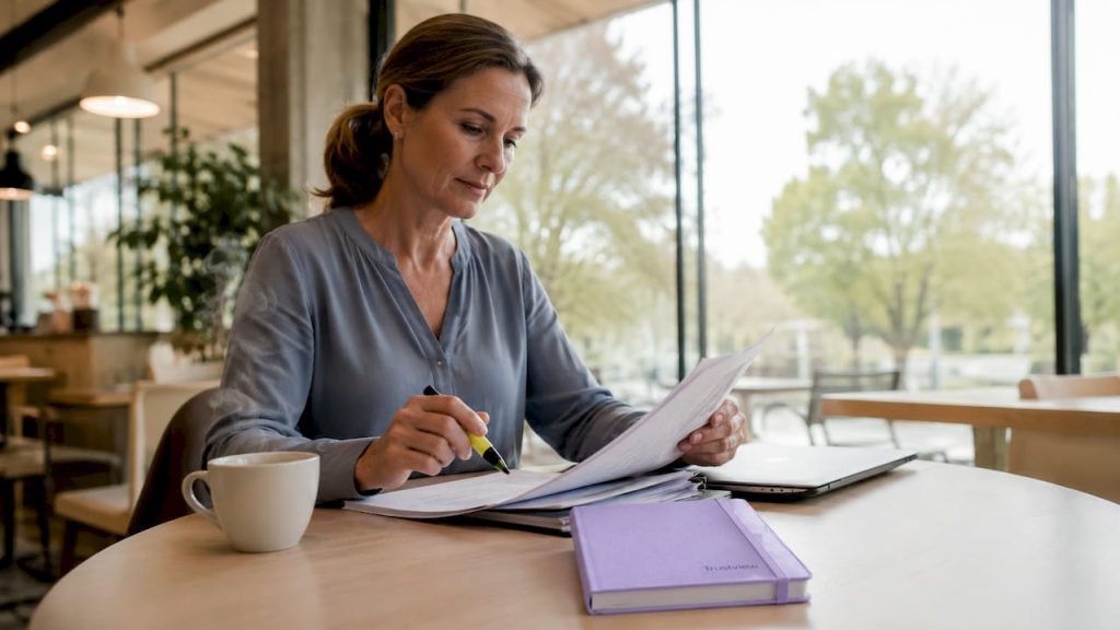 En kvinna sitter vid sitt skrivbord och går noggrant igenom compliance-dokument.