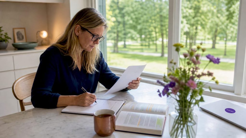 En kvinna sitter vid sitt skrivbord och går noggrant igenom ett dokument om GDPR och dataskydd.