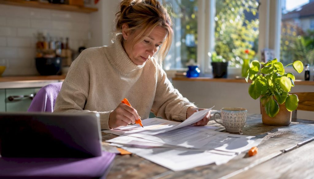 En kvinna sitter vid sitt skrivbord och går noggrant igenom GDPR-handlingar.