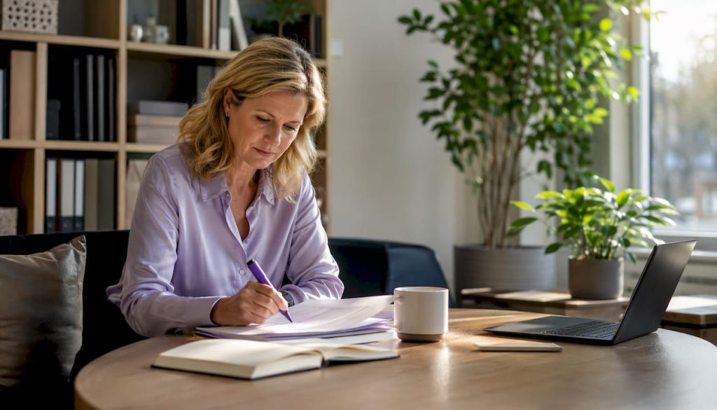 Personen som ansvarar för dataskydd går noggrant igenom GDPR-dokumenten vid sitt skrivbord.