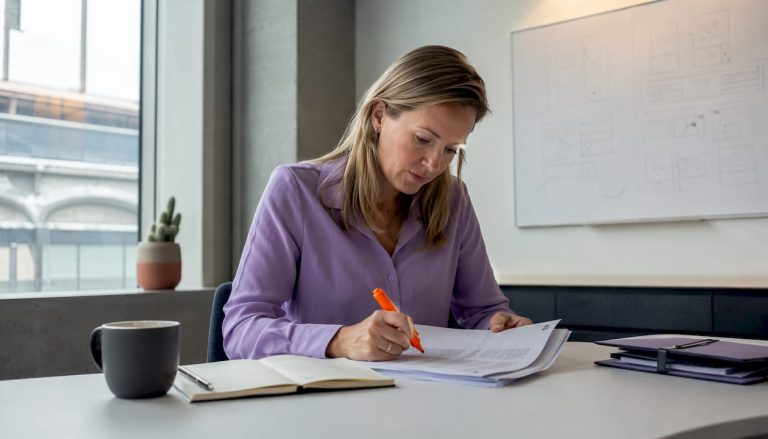 En compliance-ansvarig går noggrant igenom de senaste EU-reglerna för appar vid sitt skrivbord.