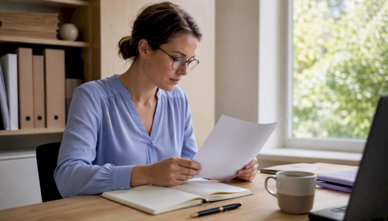Kvinna som noggrant går igenom dataskyddsdokument på sitt kontor