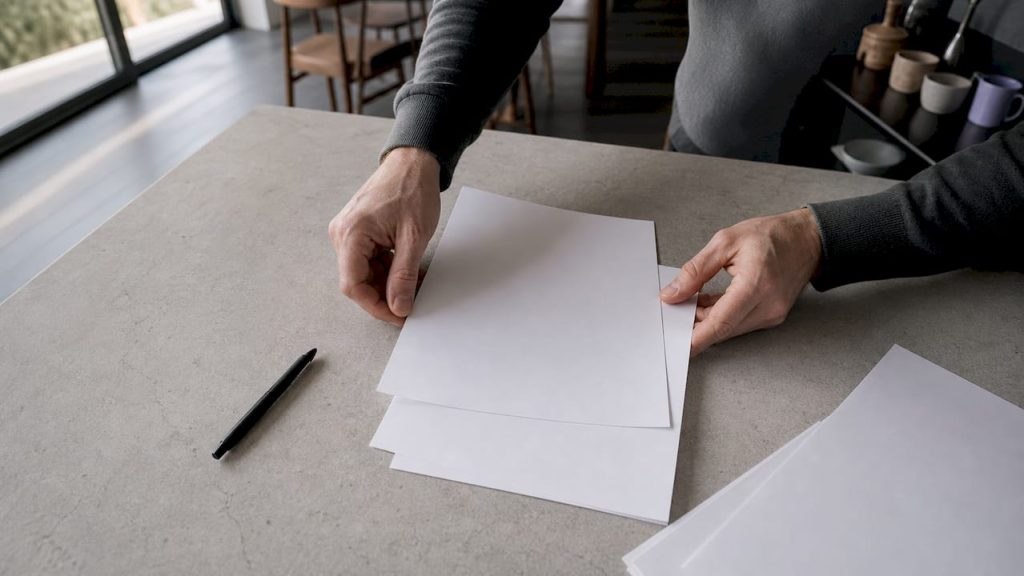 Händer som sorterar och går igenom olika checklistor för regelefterlevnad på skrivbordet.