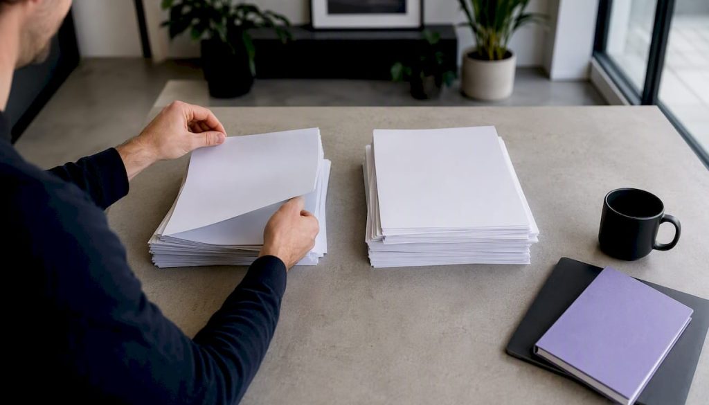 Händer som går igenom och organiserar dokument för SOC 2- och ISO 27001-efterlevnad.