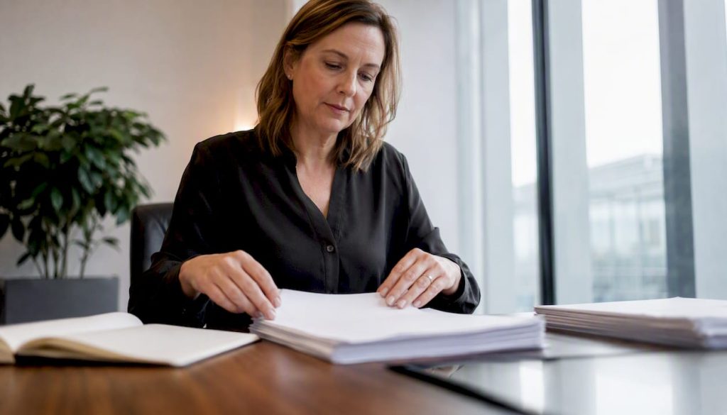 Händer som sorterar och organiserar regelefterlevnadsdokument