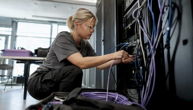 En tekniker kopplar in kablar i serverrummet.