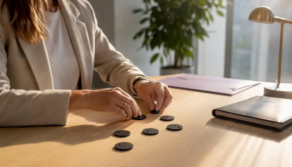 Händer som sorterar små, krypterade dataobjekt på ett bord