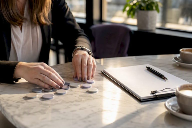 Händer som organiserar compliance-markörer på bordet