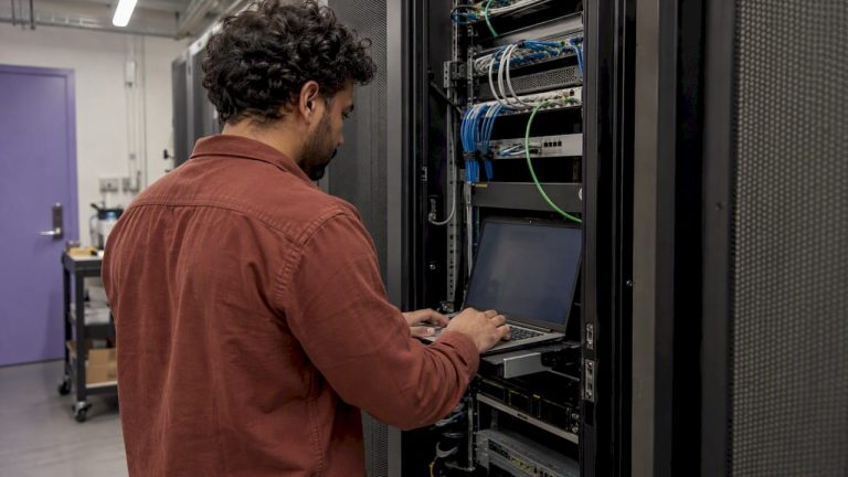Tekniker sköter underhållet av ett serverrack
